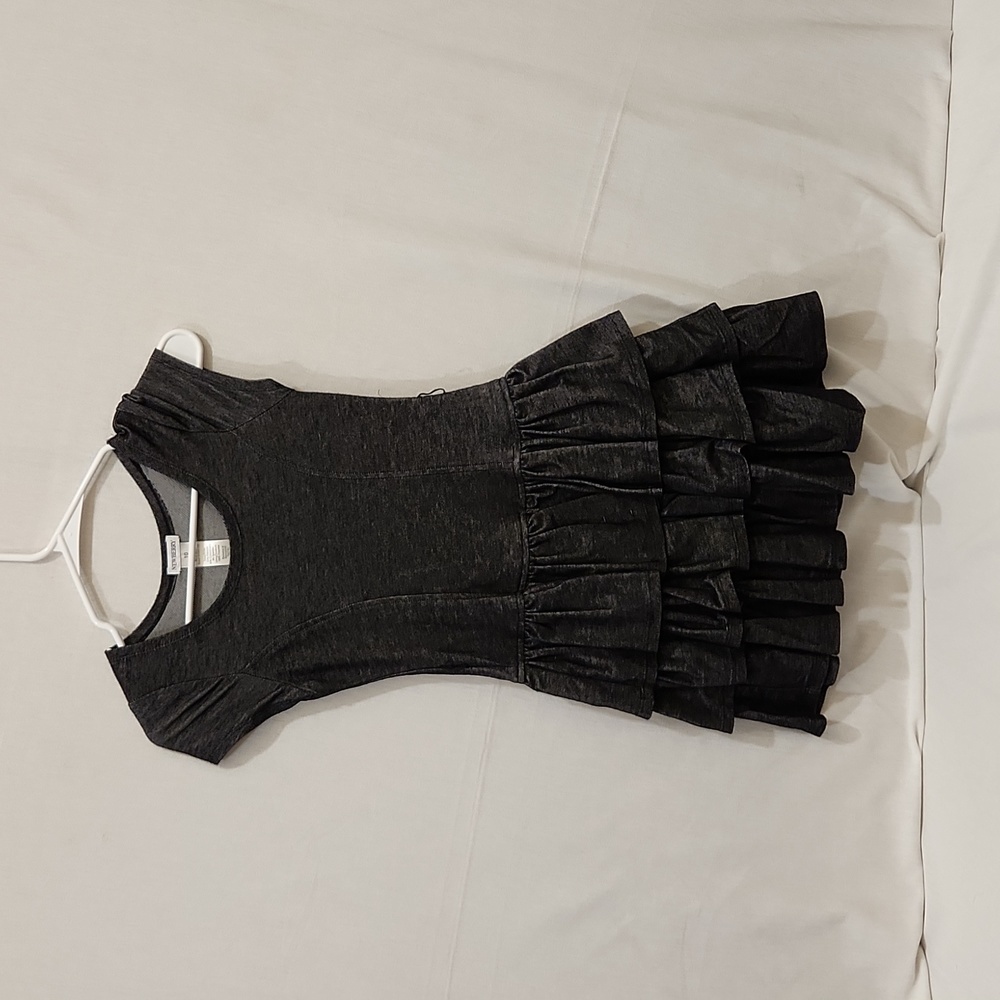 Kids black denim look dress with ruffles
